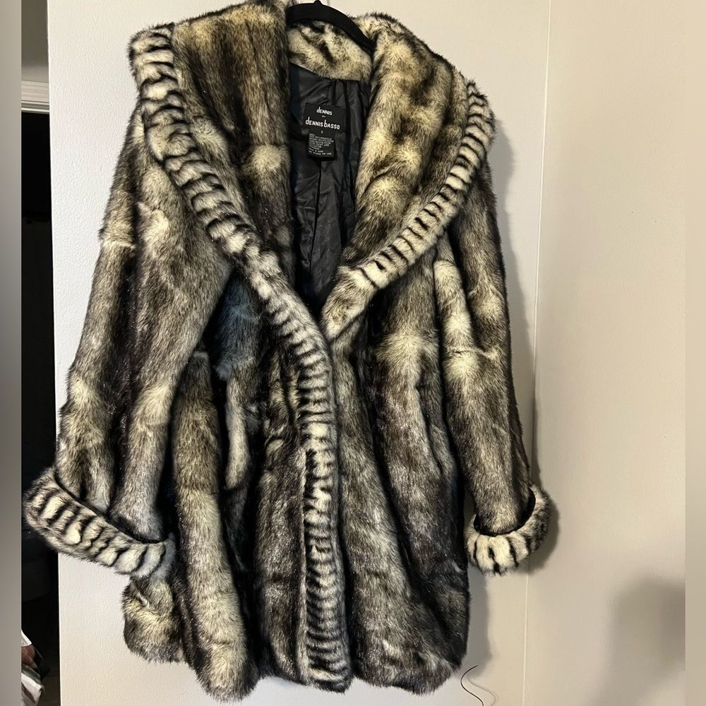 Dennis Basso Faux Gray Mink Coat Pointed Collar